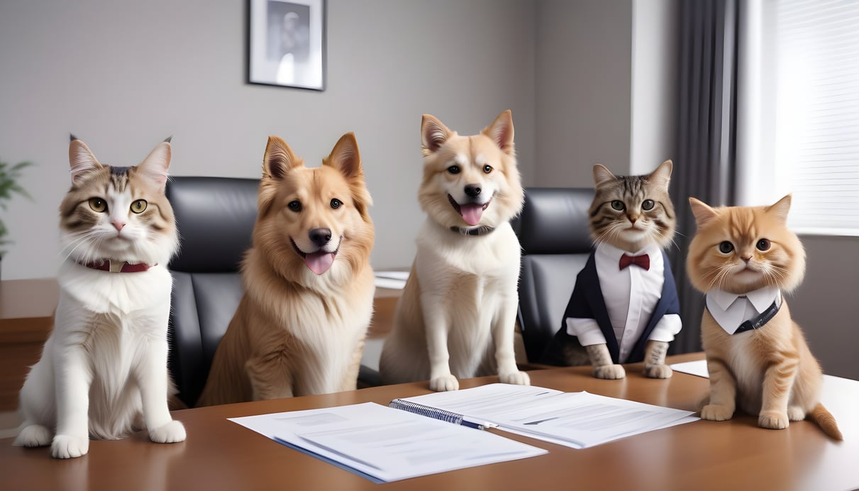 2-cats-and-3-dogs-on-a-chair-around-a-conference-table--the-dogs-and-cats-are-wearing-business-clothes--there-are-documents-on-the-tables--in-front-of-them-are-laptops-and-their-all-smiling (1)